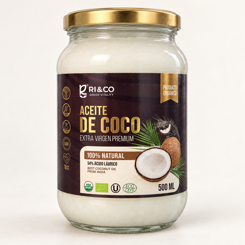 Aceite de Coco Extra Virgen Premium RI&CO, frasco de vidrio de 500 ml con tapa dorada