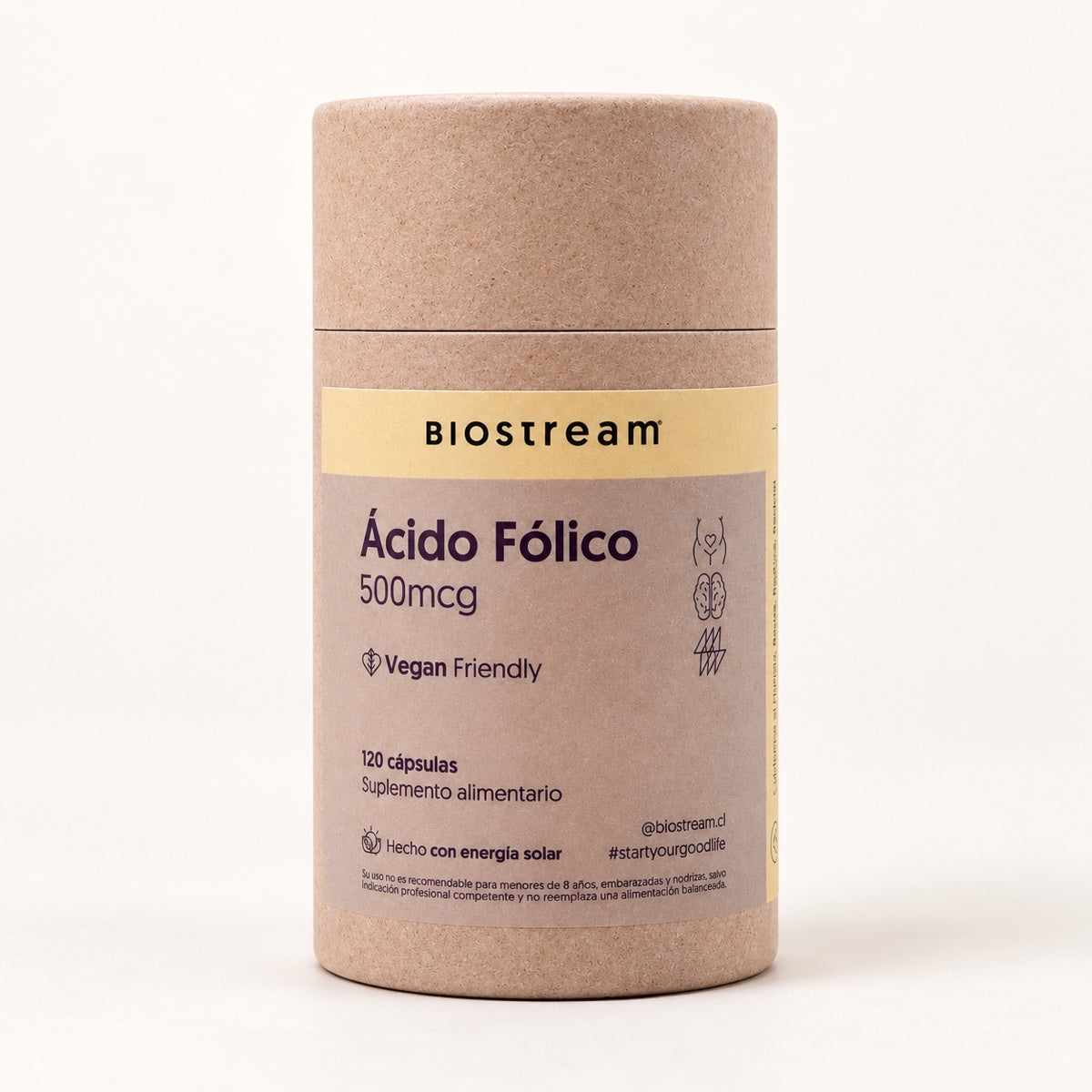 Ácido Fólico BioStream 500 mcg, envase de 120 cápsulas veganas