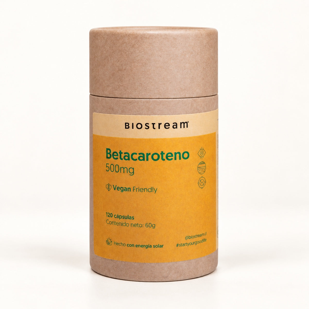 Betacaroteno BioStream, envase de 120 cápsulas veganas
