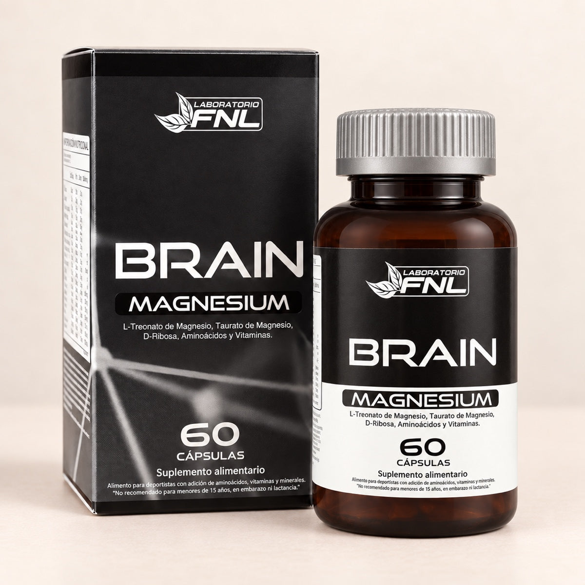 Brain Magnesium FNL, 60 cápsulas, frasco junto a su caja