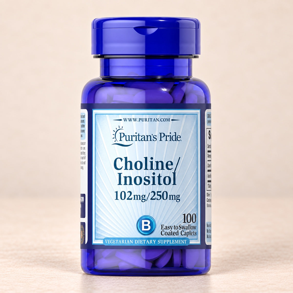 Colina e Inositol Puritan’s Pride, 102 mg y 250 mg, frasco de 100 comprimidos recubiertos