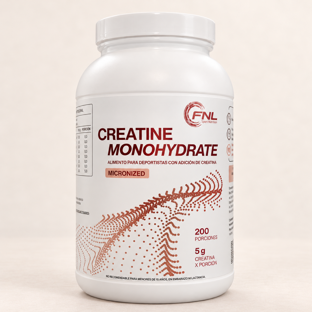 Creatina monohidratada micronizada FNL de 1 kg, envase de 200 porciones de 5 g
