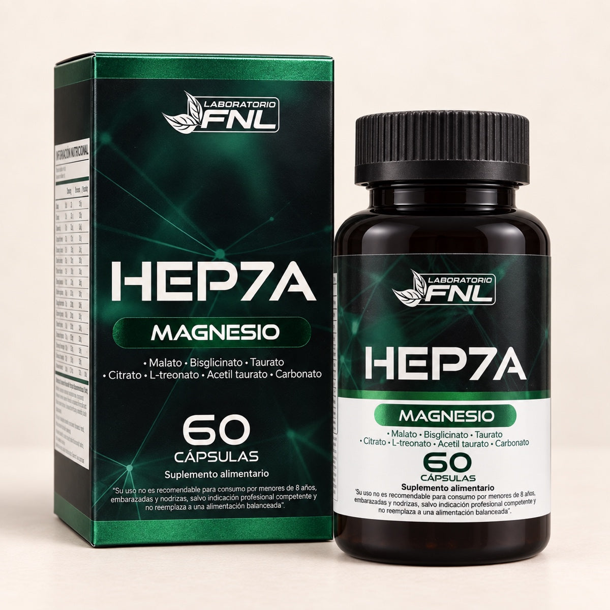 HEP7A Magnesio FNL, 60 cápsulas, frasco junto a su caja