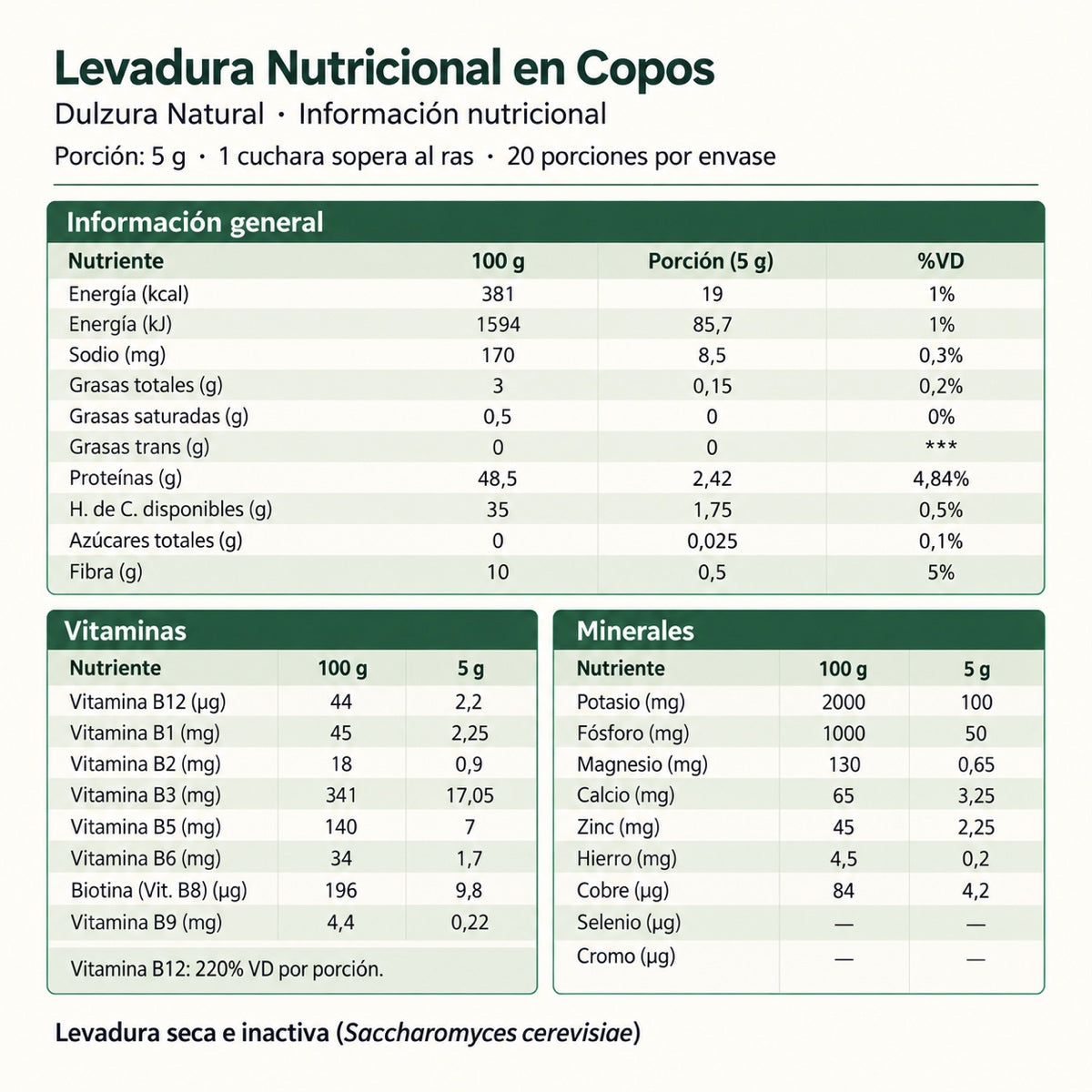 Información nutricional de Levadura Nutricional en Copos Dulzura Natural
