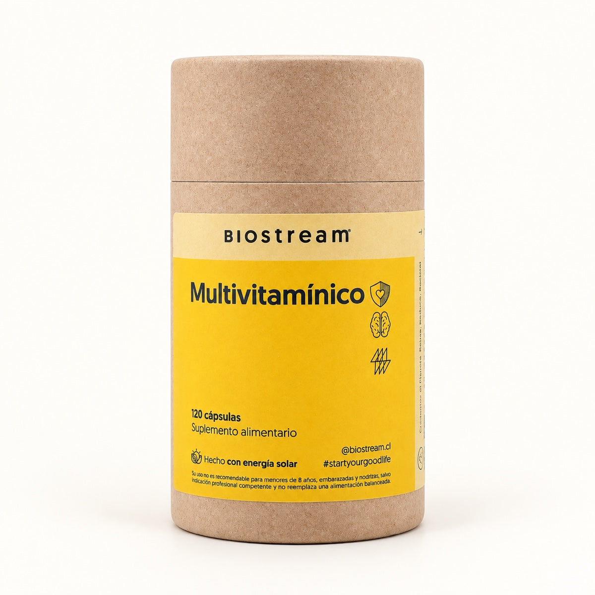 Multivitamínico BioStream, envase de cartón con 120 cápsulas.