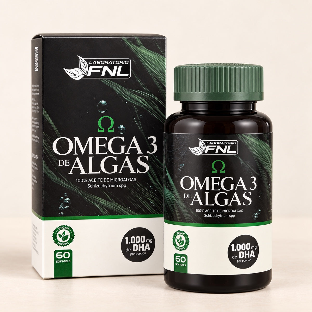 Omega 3 de Algas FNL, caja y frasco de 60 softgels con 1.000 mg de DHA por porción.