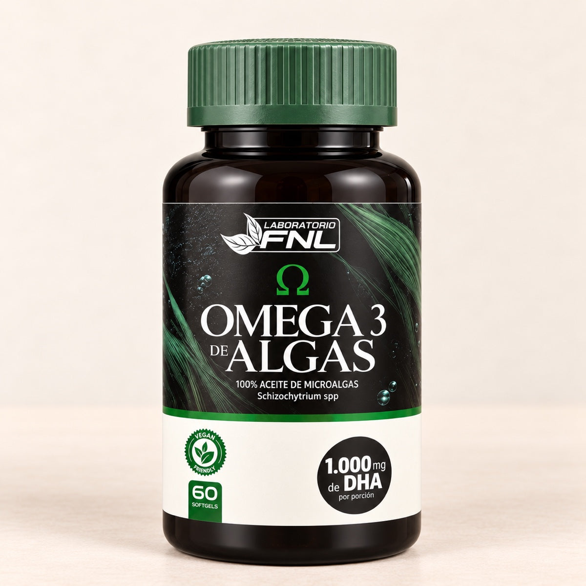 Frasco de Omega 3 de Algas FNL, 60 softgels veganos de aceite de microalgas.