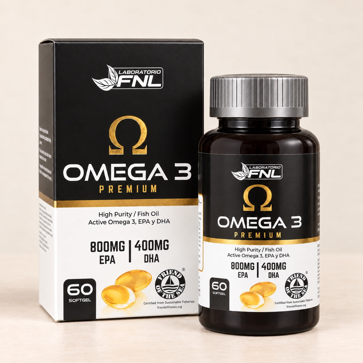Omega 3 Premium FNL, 60 cápsulas softgel, frasco junto a su caja