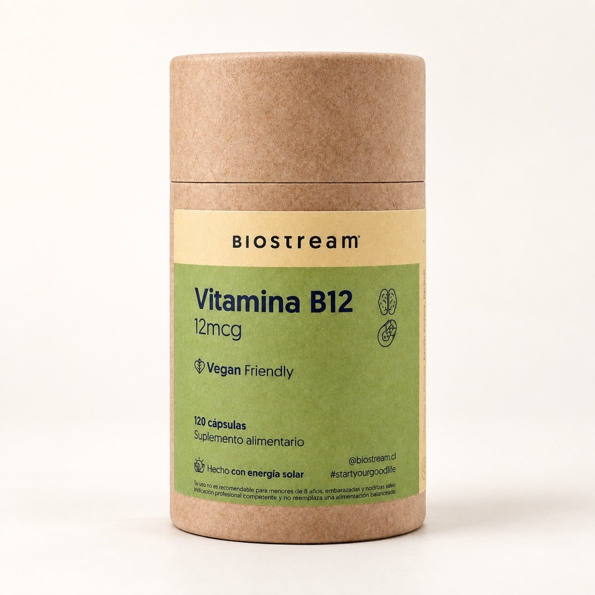 Vitamina B12 BioStream 12 mcg, envase de 120 cápsulas veganas