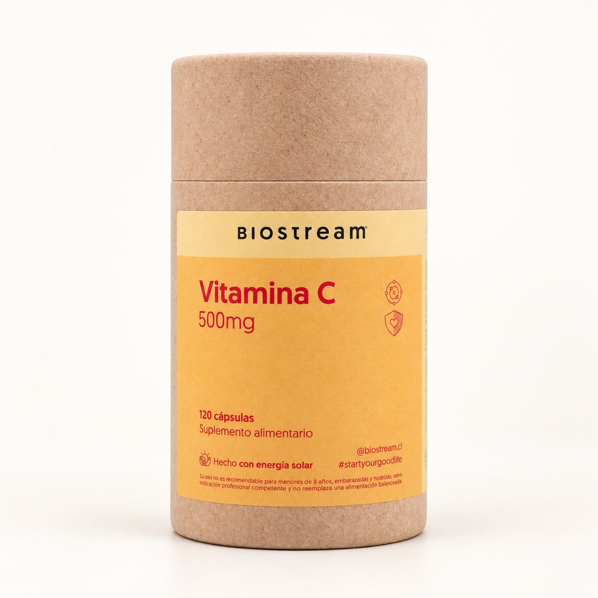 Vitamina C BioStream 500 mg, envase de cartón con 120 cápsulas.