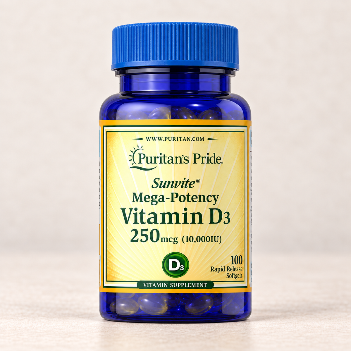 Vitamina D3 10.000 UI Puritan’s Pride, frasco de 100 cápsulas blandas