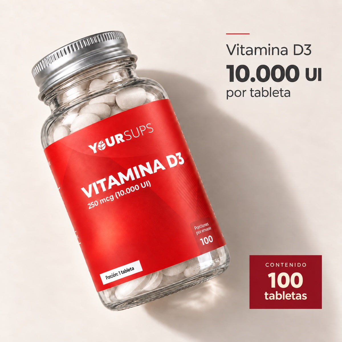 Vitamina D3 YOURSUPS: 10.000 UI por tableta, contenido de 100 tabletas