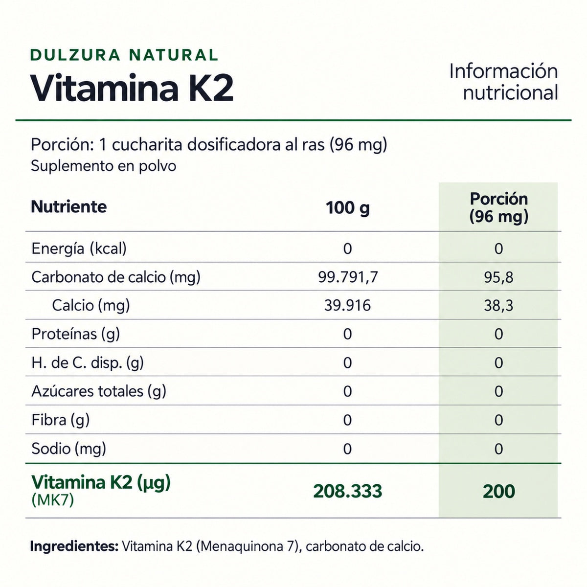 Información nutricional de Vitamina K2 Dulzura Natural
