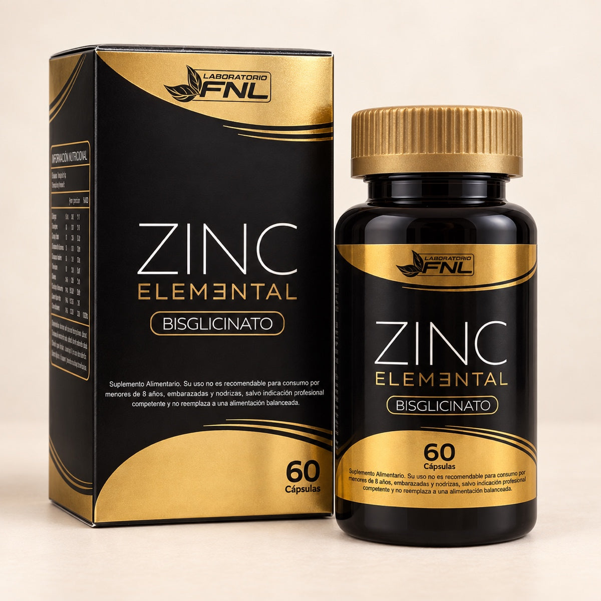 Zinc Elemental Bisglicinato FNL, 60 cápsulas, frasco junto a su caja